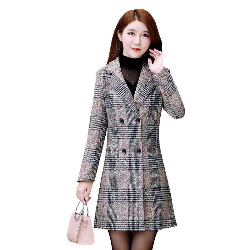 

Plus Size Faux Wool Coat Women Jacket Spring Autumn Korean Slim Double breasted Woolen Coat Ladies Plaid Casual Outerwear 4XL, Brown stripes