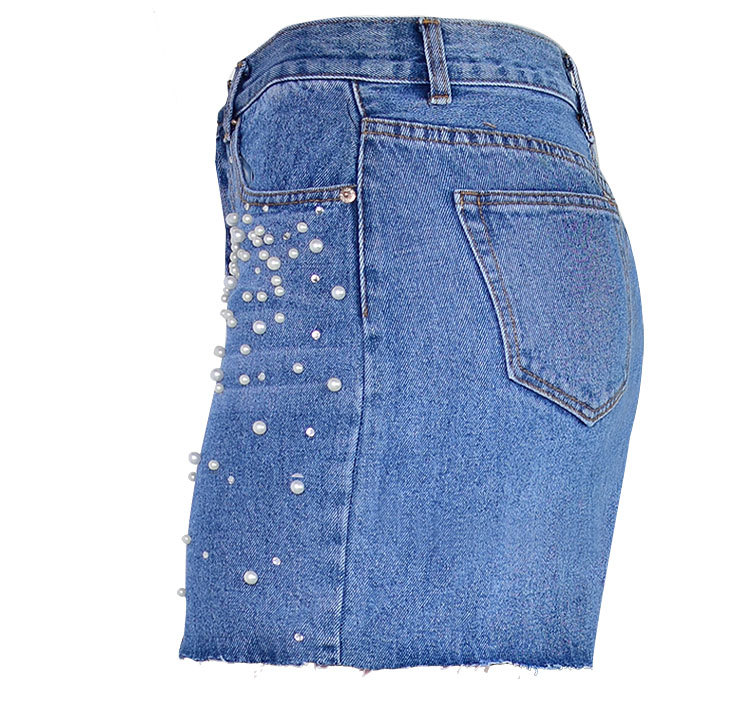 hot sale Spring and Summer Models A High Waist Buckle Triangle Cut Pearl Diamond Studded Denim Hip Skirt