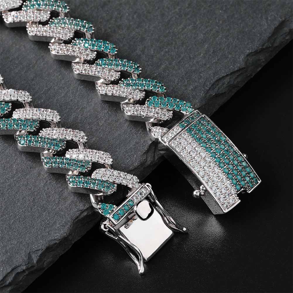 Mint Green Cuba Chain Bracelet Men's Hip Hop Full Diamond Stone Platinum Plated Geometric Shape Bangle