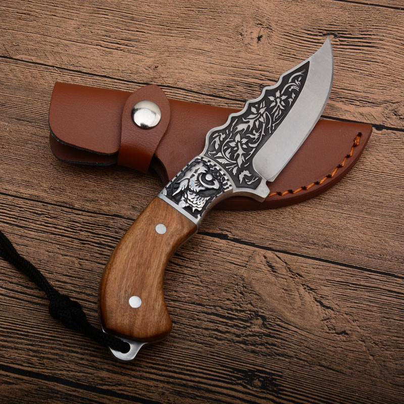 New Small Fixed Blade Hunting Knife 440C Satin Blade Full Tang Wood Handle Straight Knives With Leather Sheath