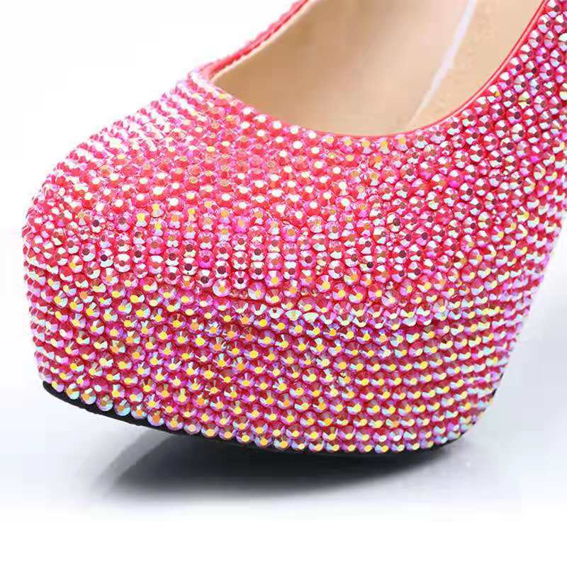 Shiny Full Fuchsia Diomond Wedding Shoes Pumps High Heels Bridal Shoes 5cm 8cm 11cm 14cm Bling Bling Prom Shoes for Lady