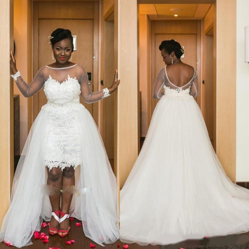 African Wedding Dresses Long Sleeves Illusion Jewel Neck Detachable Train High Quality A Line Bridal Gowns For Women Robe De Mariee