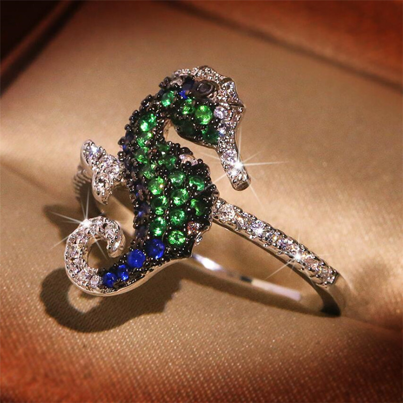 2020 New Vintage Jewelry Women' s Fashion jewelry 925 Sterling Silver Colorful Hippocampus Pave Sapphire CZ Diamond Women Wedding Band Ring