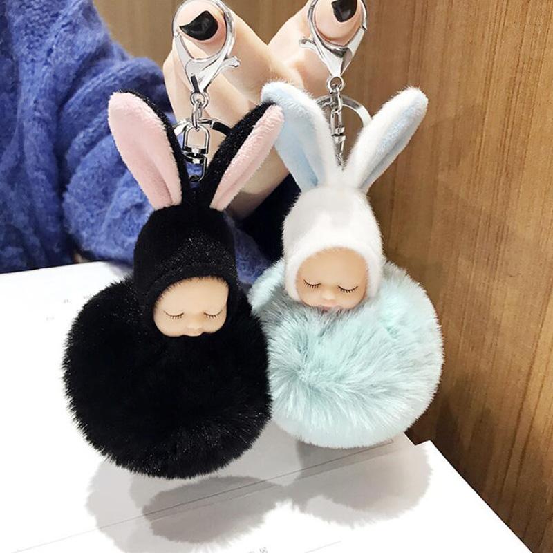 30pcs /Lot Plush Dolls Keychains Lovely Rabbit Ear Sleeping Baby Key Ring Creative Gift Fashion Jewelry For Girls Bag Decoration
