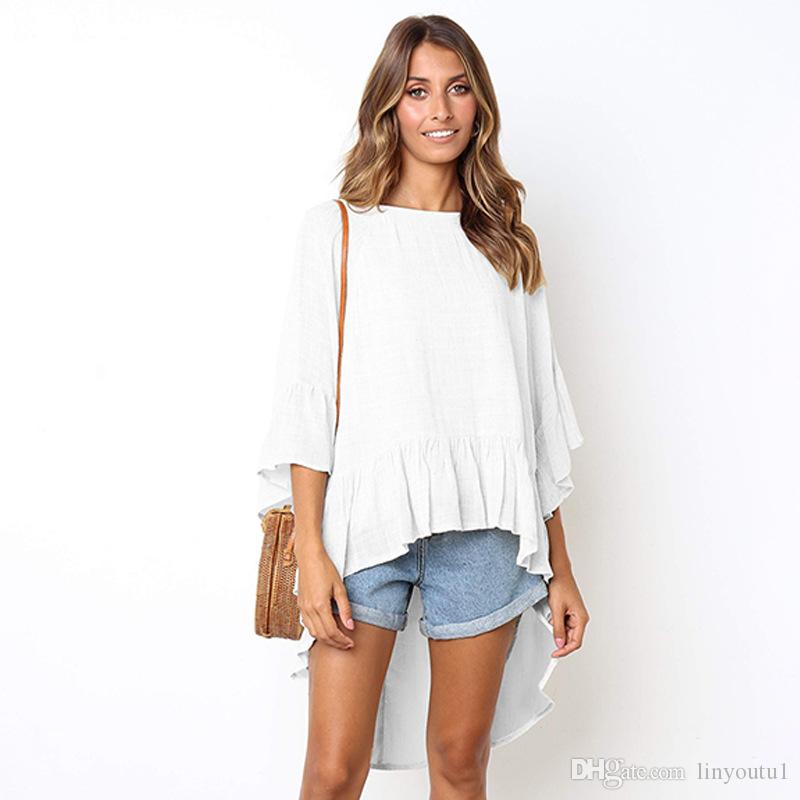 2020 Irregular T Shirt Solid Color Femme 2019 Long Back Short Front Tops Ripped T Shirts Kawaii Plus Size Fashion Seven-quarter sleeve tops