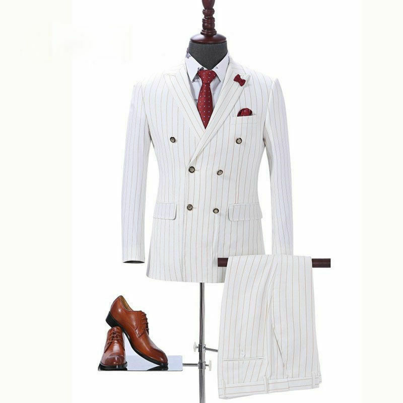Pinstripe Wedding Tuxedos 2 Pieces Double Breasted Peaked Lapel Groom Wear Party Prom Best Men Blazer Suit(Jacket+Pants)