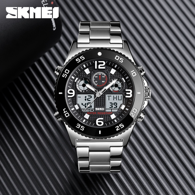 SKMEI Business Watch Men Wristwatch Quartz Dual Display Watch Fashion Casual 3 Time Waterproof Stopwatch Clock Relogio Masculino LY191226