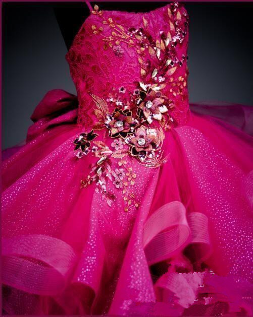 Lovely Fuchsia Ball Gown Girls Pageant Dresses Crystals Beaded Puffy Tiered Ruffle Party Birthday Gowns Flower Girl Dress For Weddings