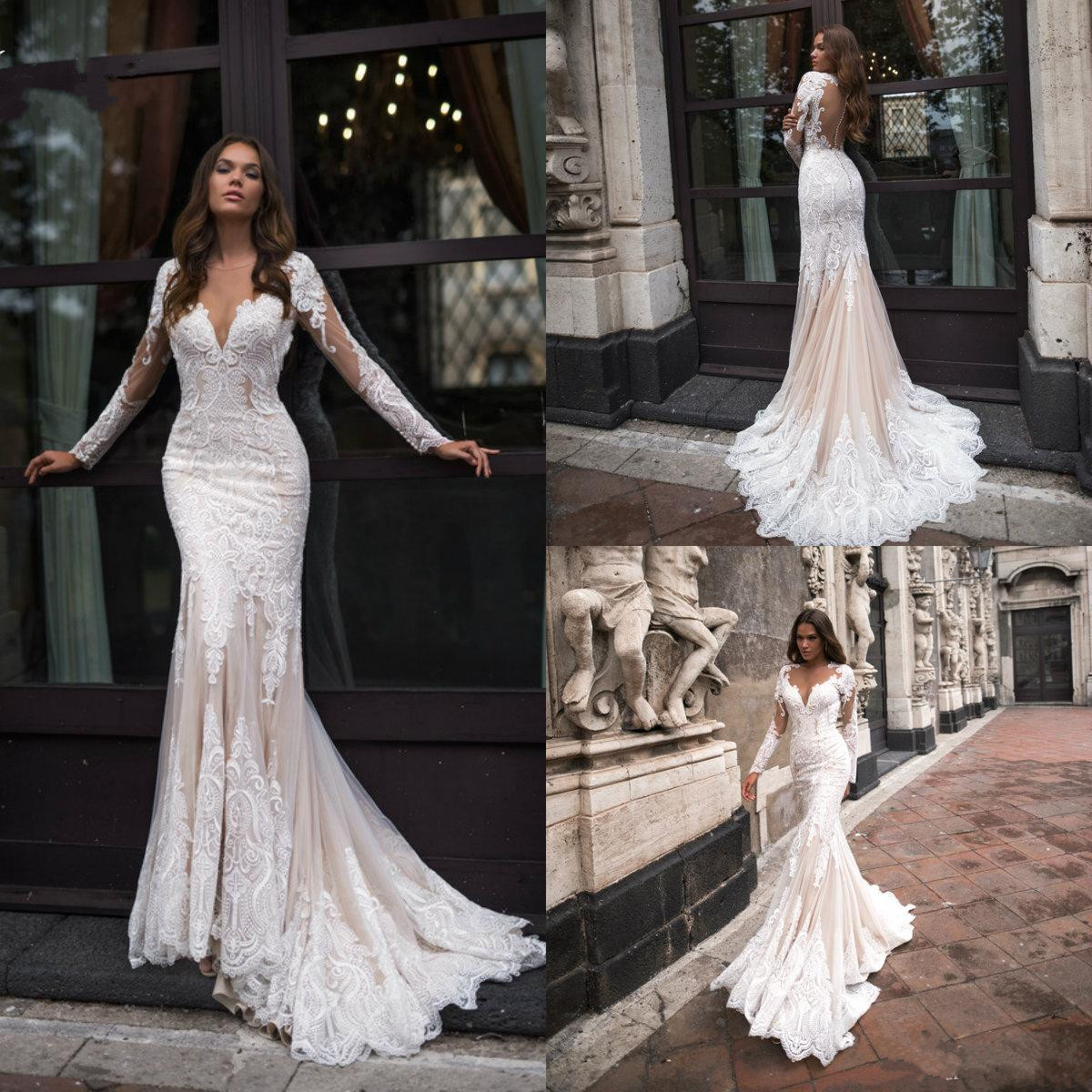 gorgeous mermaid dresses robe de mariage lace appliqued bridal gowns long sleeve vintage sheer v neck wedding dress