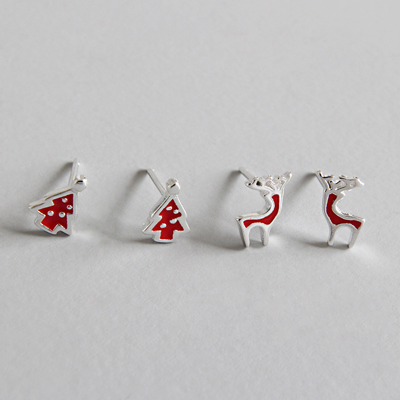 Hot personalized 925 sterling silver jewelry Korean brand hand-made designer christmas reindeer&christmas tree post earrings