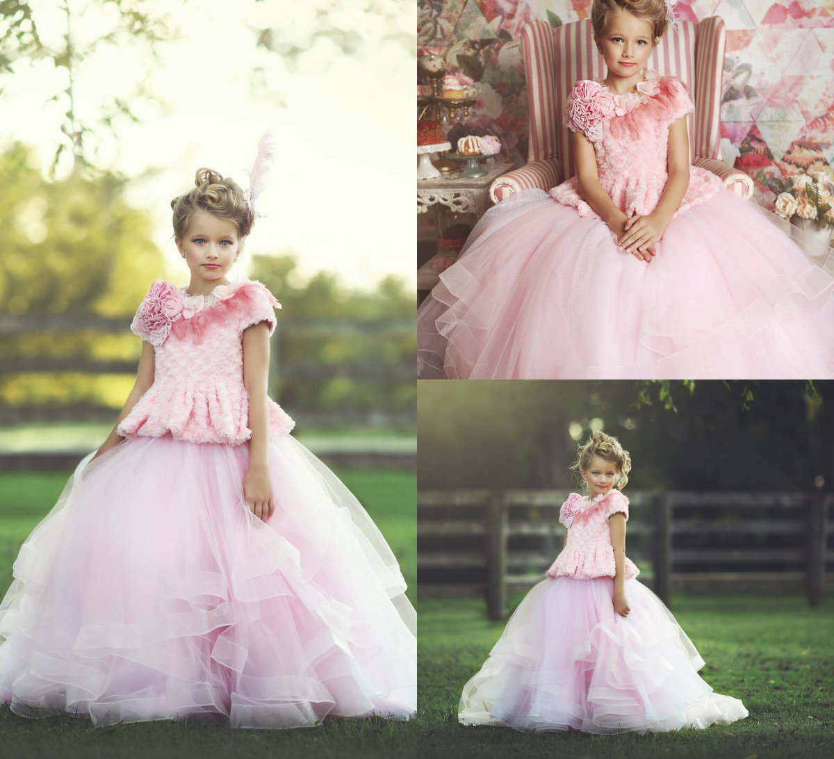 2019 Pink Flower Girl Dresses Jewel Neck Lace 3D Handmade Flowers A-Line Short Sleeves Girls Pageant Dresses Sweep Train Birthday Party Gown