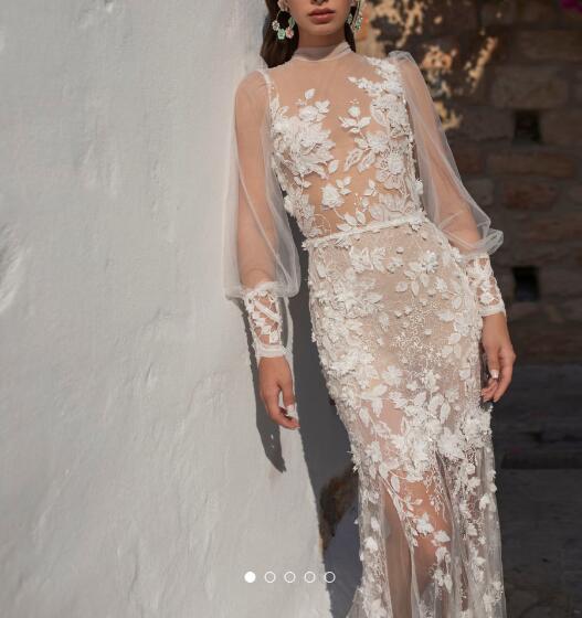 Lian Rokman Mermaid 2020 Wedding Dresses 3D Floral Appliqued Lace Long Sleeve Bridal Gowns Sweep Train Robe De Mariée