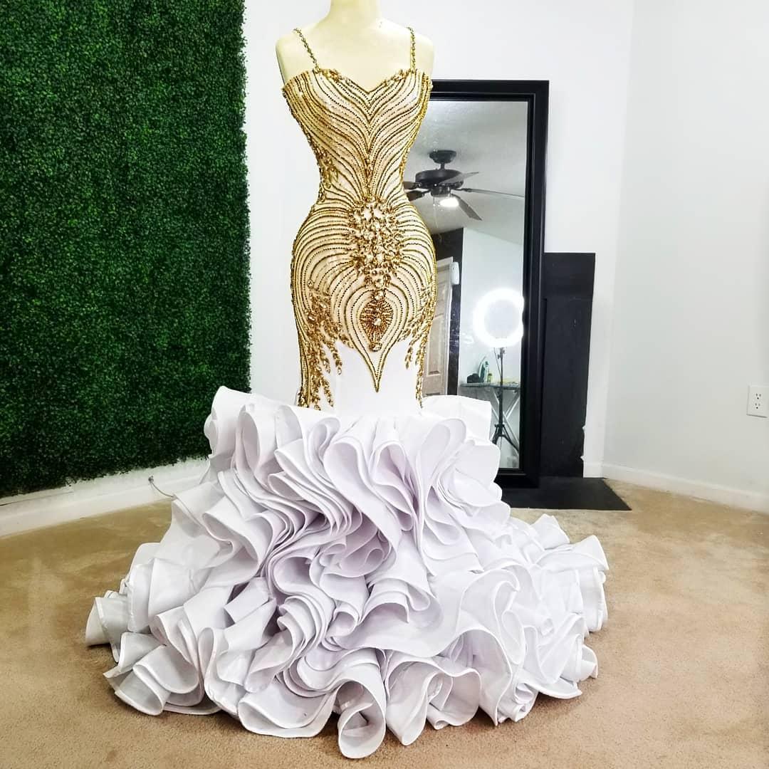 Luxury Gold Evening Dresses Beading Spaghetti Satin Ruffles Tiered Skirts Mermaid Prom Dress Court Train Arabic Robe De Soiree Real Image