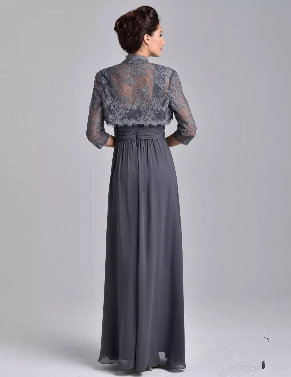 New Grey Mother of the Bride Dresses With Jacket Lace Appliqued Floor Length Wedding Guest Dresses Plus Size Chiffon Evening Gowns