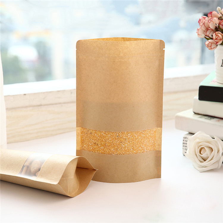 Reusable Kraft Paper Self-Seal Zipper Bags with Clear Window for Dried Fruits & Nuts - 10x15 cm
