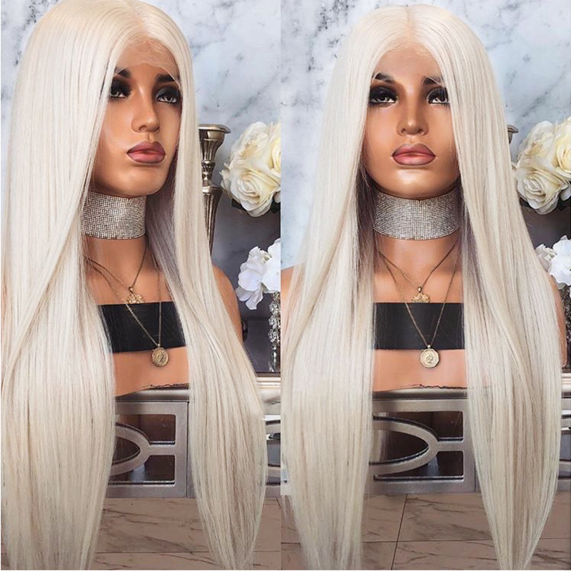 High quality simulation human hair Full Long Blonde Wigs For Women kanekalon straight Synthetic Lace Front Wig preplucked natural hairline