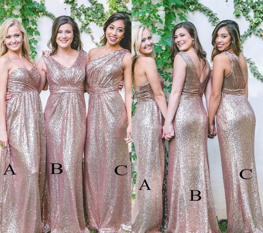 Cheap Rose Gold Long Bridesmaid Dress 2019 Sequins Summer Country Garden Formal Wedding Party Guest Maid of Honor Gown Plus Size Custom Made