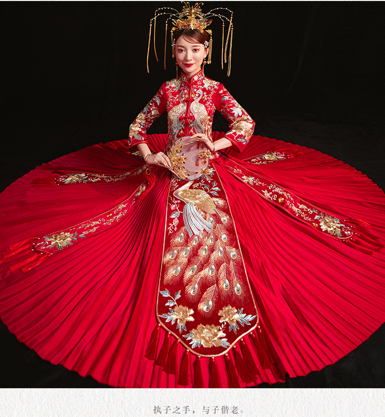 Red Peacock Pleated Xiuhe Dress Oriental Wedding Clothing Bride's Wedding toast dress Traditional Cheongsam For Oversea Chinese