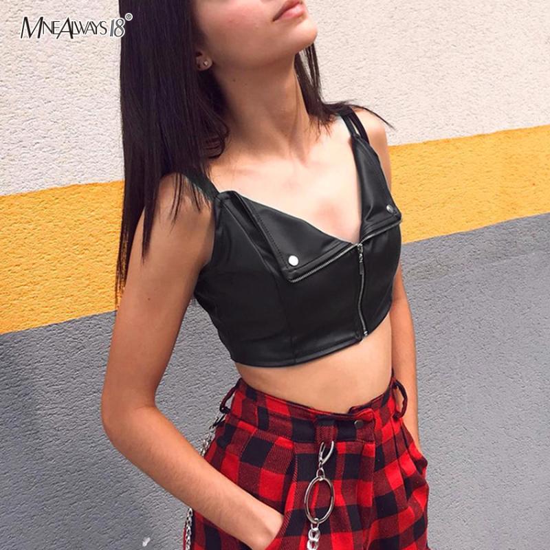 Mnealways18 PU Leather Sexy Tops Women Bodycon Summer Top Spaghetti Strap Black Crop Top V Neck Streetwear Zippers Fashion 2020
Mnealways18 PU Leather Sexy Tops Women Bodycon Summer Top Spaghetti Strap Black Crop Top V Neck Streetwear Zippers Fashion 2020