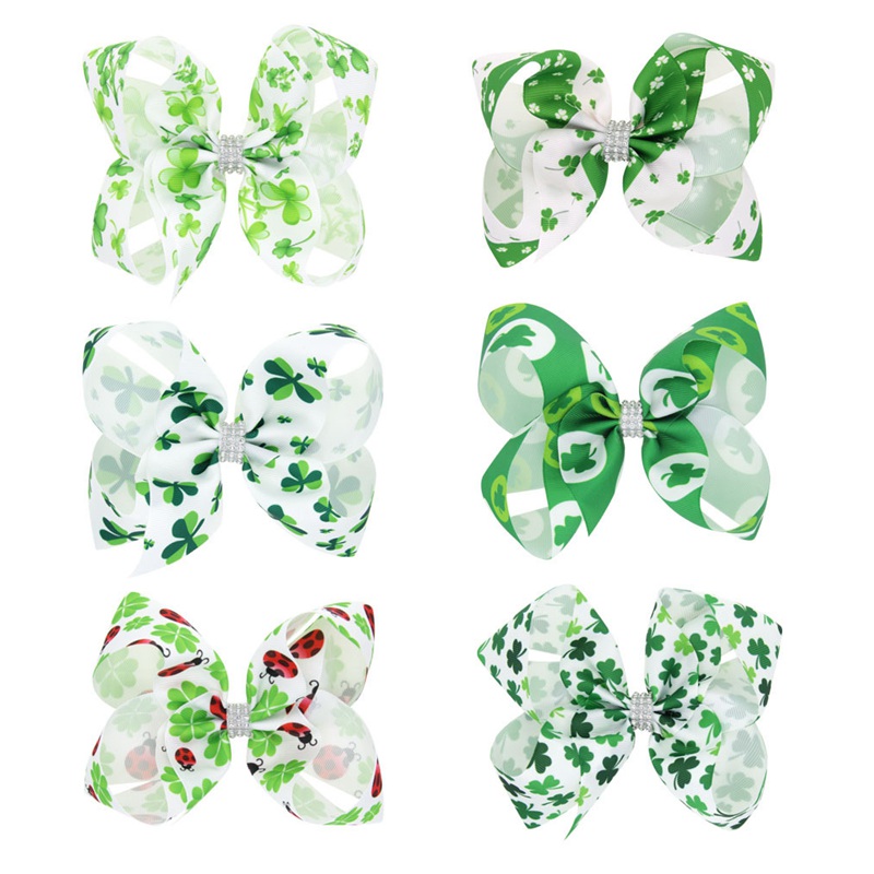 Hair Accessories Bows Clips St. Patrick's Day 6 Inches Hairpins Headbands For Children Girls Woman Headwear Green Shamrock Clover Printed Ribbon 
