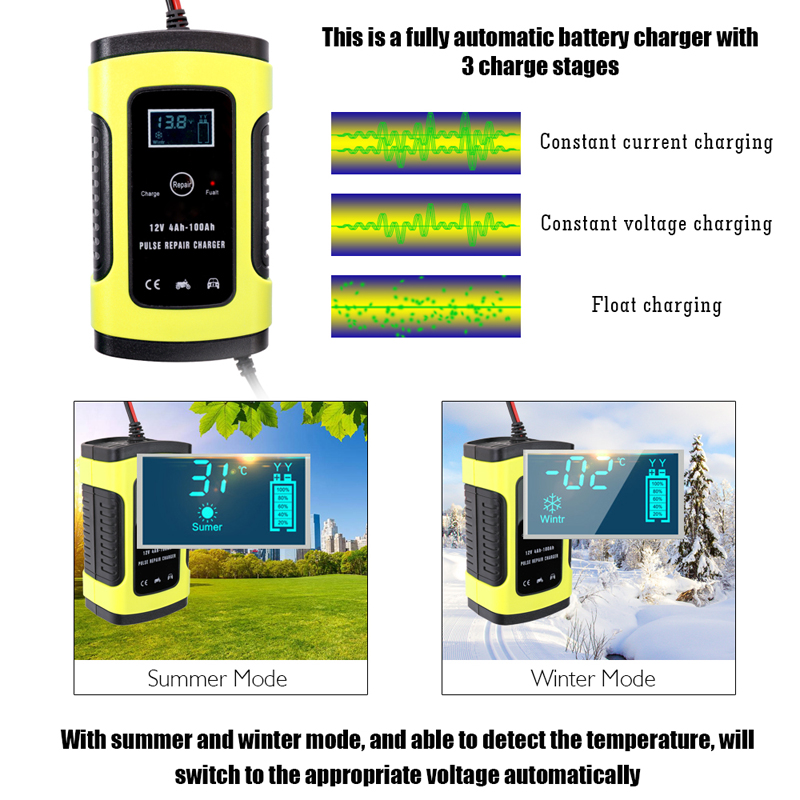 Full Automatic Car Battery Charger Power Pulse Repair Chargers Wet Dry Lead Acid Battery-chargers Digital LCD Display
