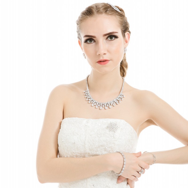 vecalon Stunning Water Drop Necklace Full Diamonds Cz White Gold Filled Party Necklace for women Bridal Wedding accessory Jewelry