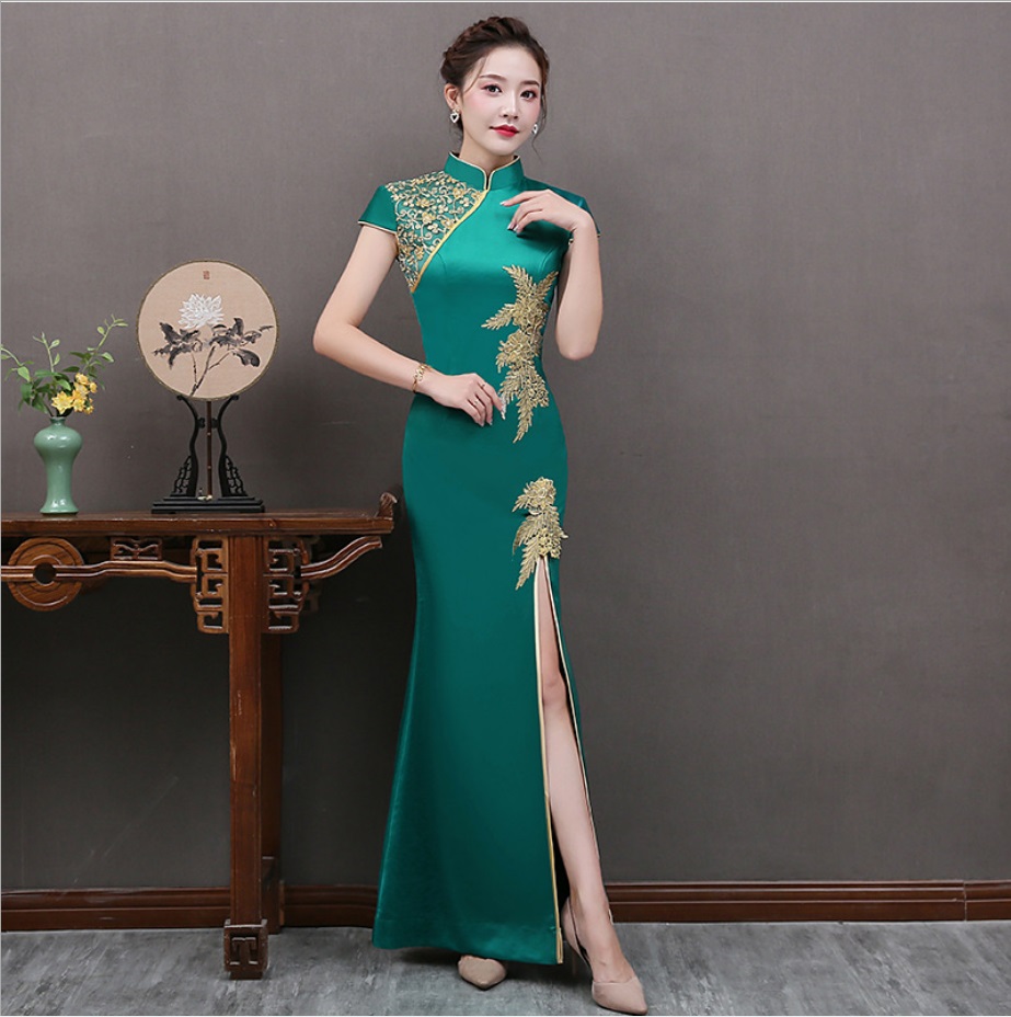 New Chinese traditional dress oriental qipao short sleeve national style party dress robe women Chinese modern cheongsam gown