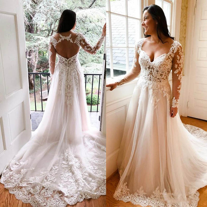 Elegant A Line Wedding Dresses Long Sleeves Sweetheart Sweep Train Appliques Beach Wedding Dress 2020 Plus Size robes de marié