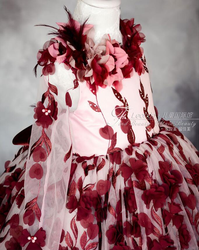 Burgundy Flower Girl Dresses For Weddings 3D Floral Cute Little Girls Pageant Dress Long Sleeve First Holy Communion Dresses