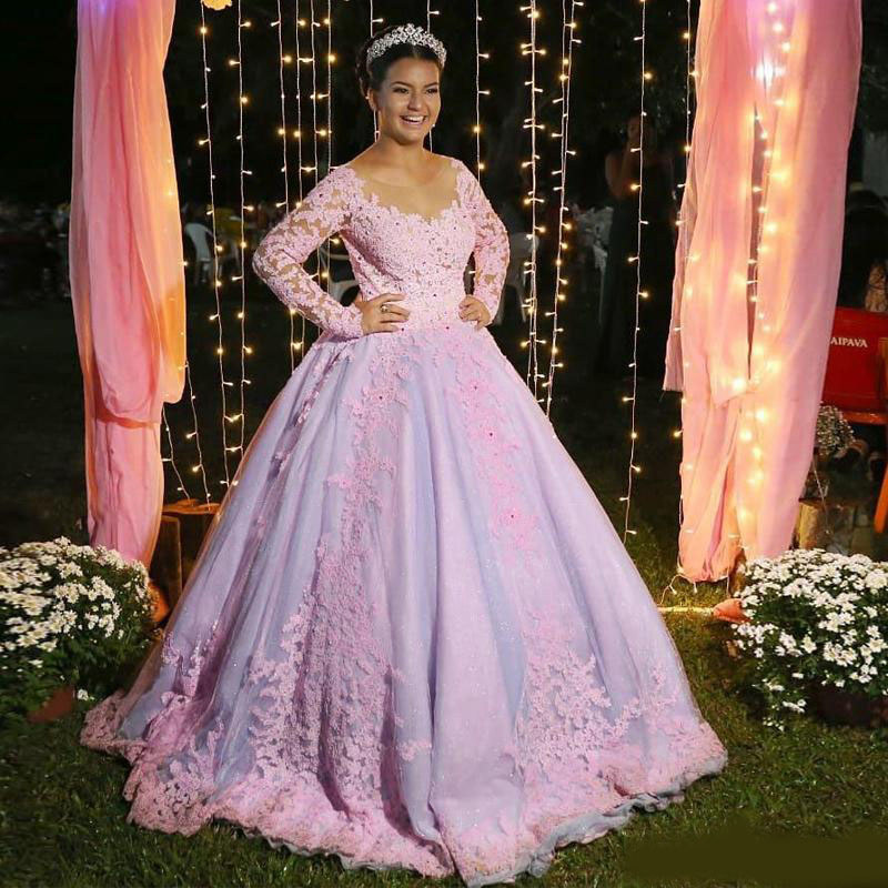 Sweet Puffy Skirt Quinceanera Prom Dresses with Long Sleeve Appliques Beaded Sequin Sweet 15 Dress Sweep Train Formal Wears