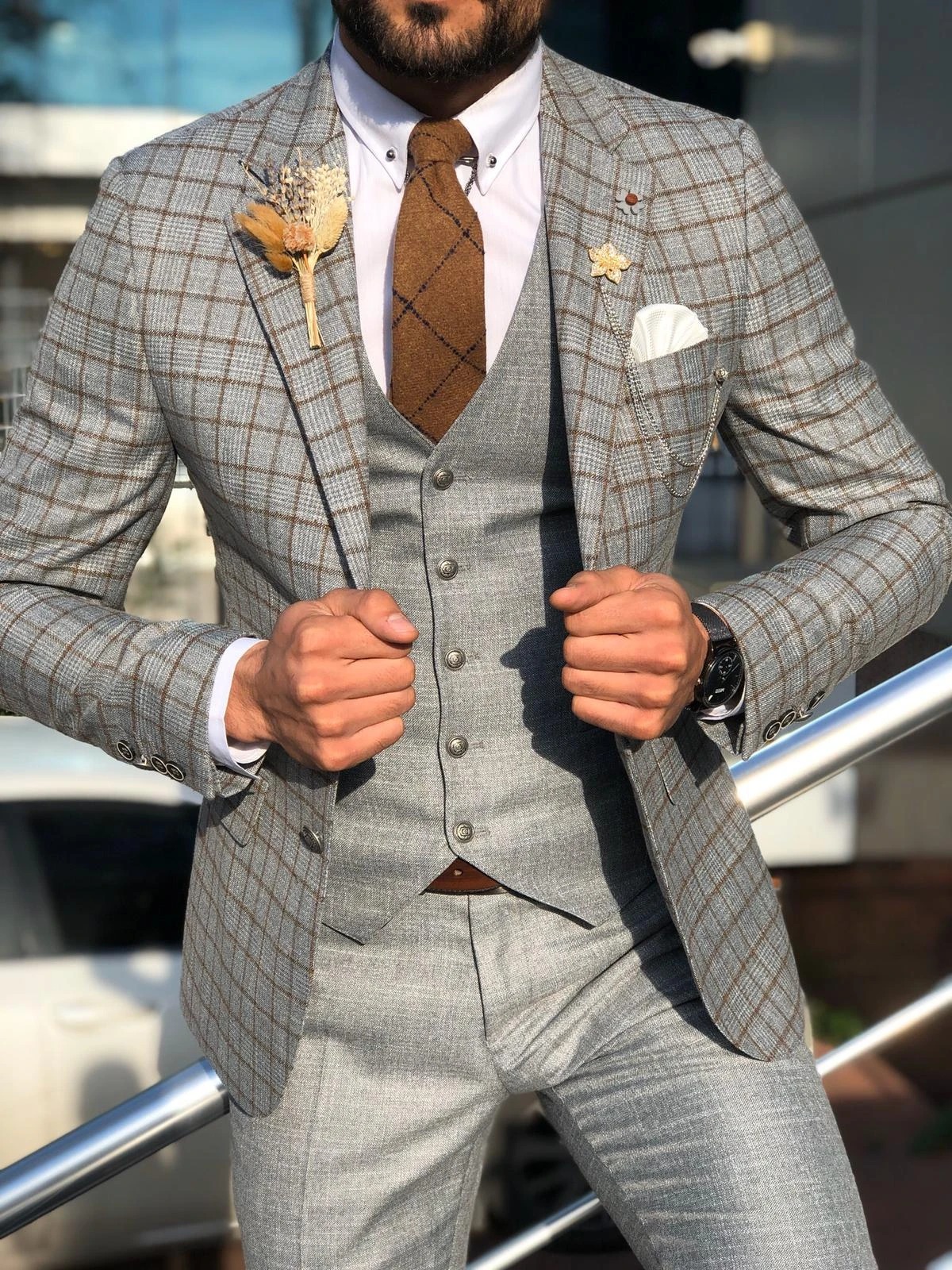Custom Made Mens Suit 2020 Wedding Tuxedos Plaid Best Man Suits Groom Wear Tweed Tuxedos 3 Pieces Suits (Jacket+Pants+vest)