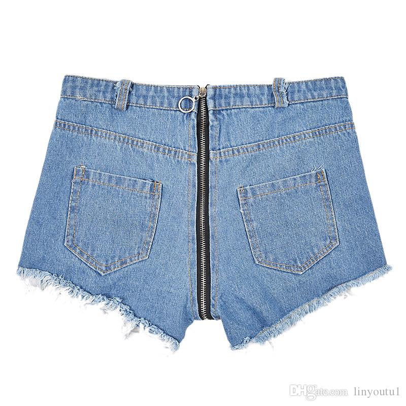 Women Summer Sexy Zipper in Back High Waist Denim Shorts Tassel Ripped Holes Jean Short Mini short taille haute