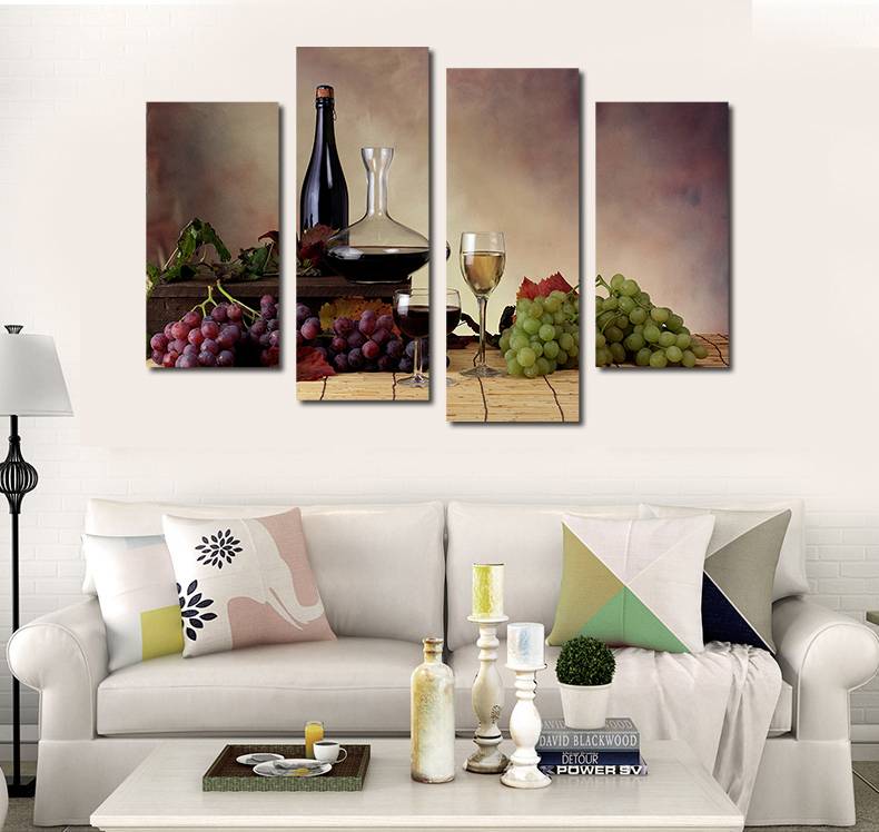 4pcs/set Unframed Green Purple Grapes and Wine HD Print On Canvas Wall Art Picture For Home and Living Room Decor