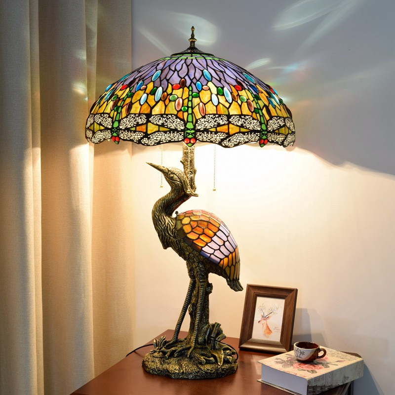 European Style Retro Crane Creative Bar Table Lamp Tiffany Stained Glass Livingroom Diningroom Hotel Art Dragonfly Decorative Lamps TF087