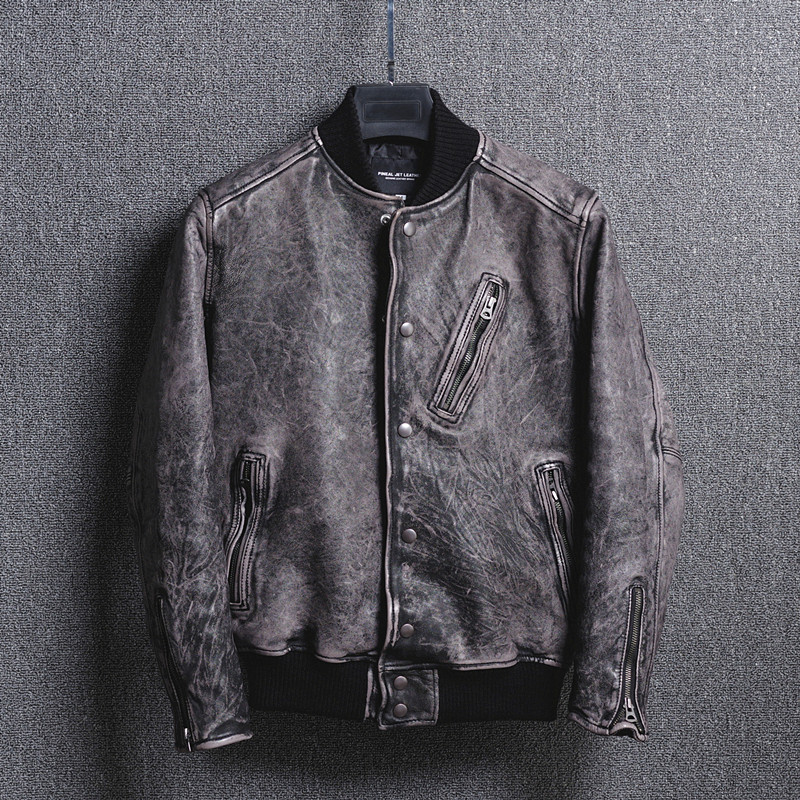 japanese 2020 men's vintage real rub color sheepskin baseball jacket men stand collar leather coat male, Black
japanese 2020 men's vintage real rub color sheepskin baseball jacket men stand collar leather coat male, Black