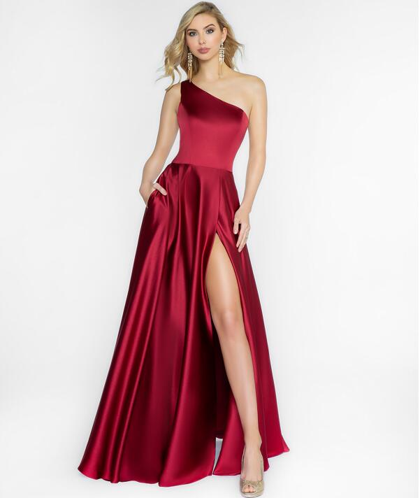 2020 Satin Evening Dresses One Shoulder Ruffled Sleeveless Prom Gown Open Back High Splits Floor Length Custom Made Formal Party Gown
