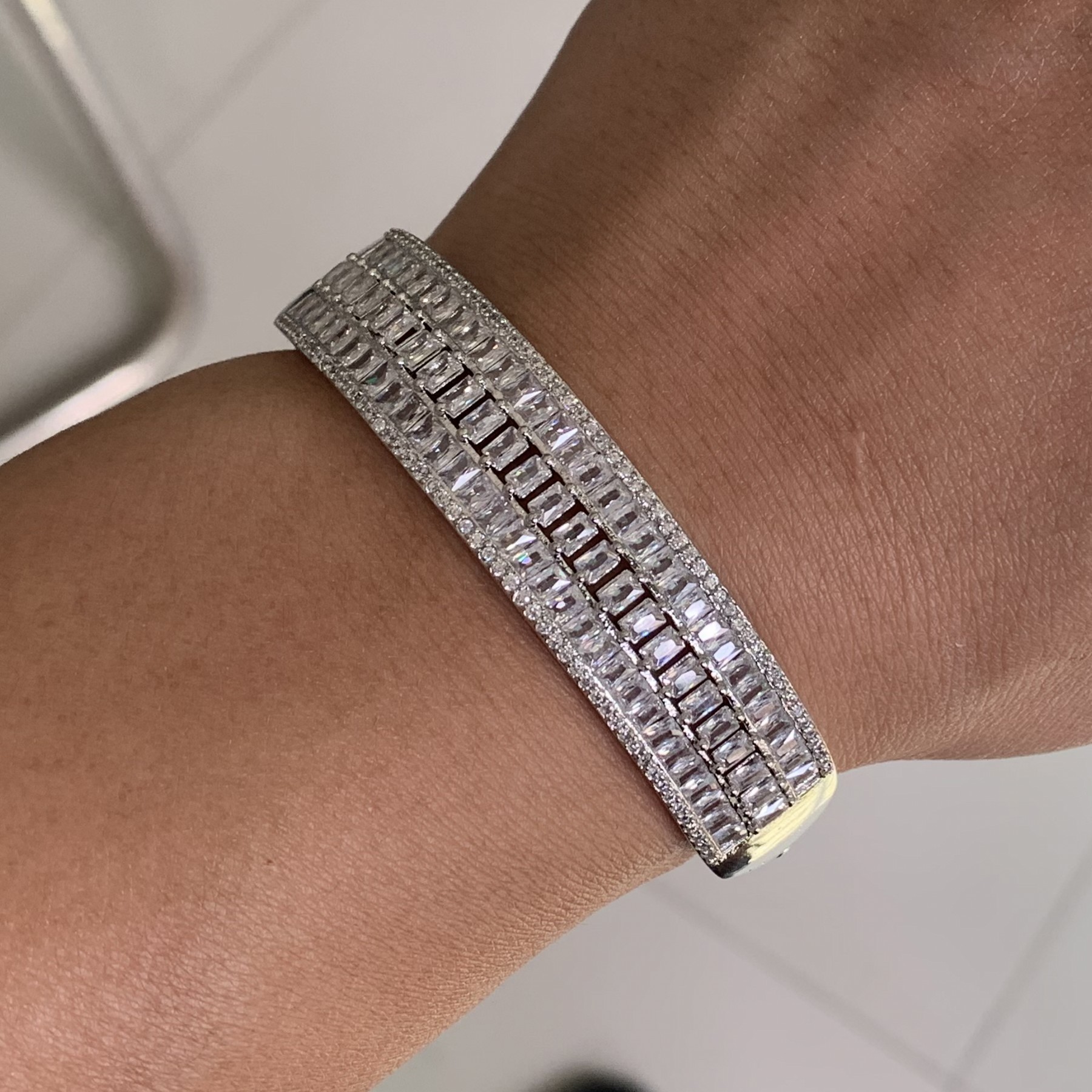 Circle Bangle Bracelet for Women: Three Rows of Princess-Cut White Clear Topaz Gemstones in Sterg Sier