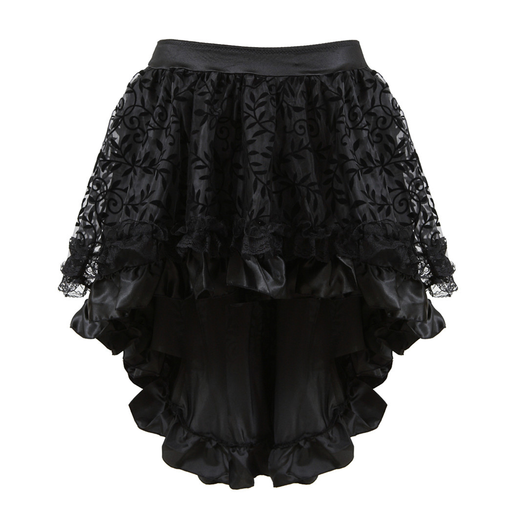 Women Burlesque Corset Skirt Outfit Plus Size S-6XL Jacquard Lace Mesh Overlay Ruffle Trim Overbust Corset with Black Flocked Hi-lo Skirt