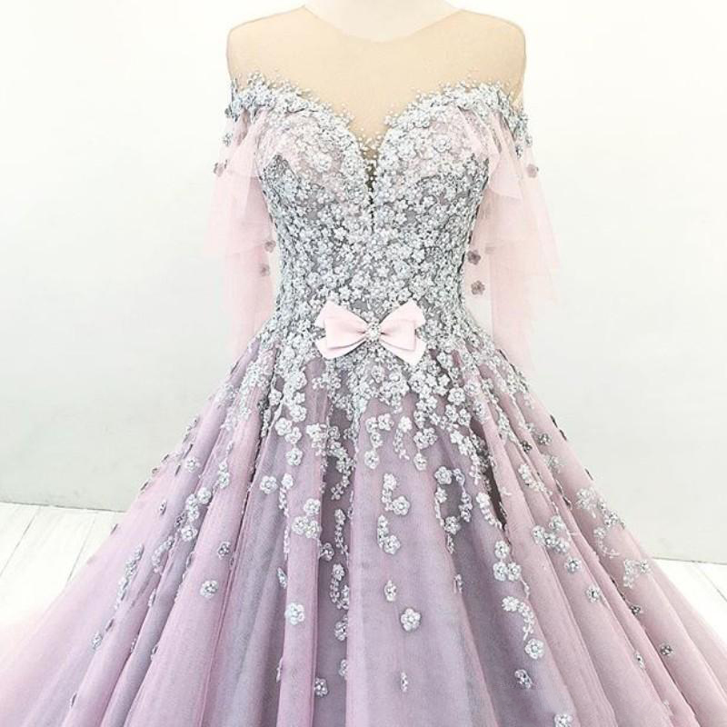 Romantic Dubai Princess Ball Gown Wedding Dresses Sheer Jewel Neck Bow Beaded Lace Applique Engagement Dress Light Purple Tulle Bridal Gowns
