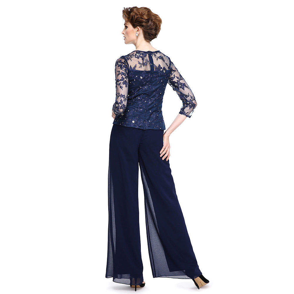 Navy Blue Mother of the Bride Dresses Pant Suits For Wedding Lace Plus Size 3/4 Long Sleeve Formal Garment Outfit Evening Wear
