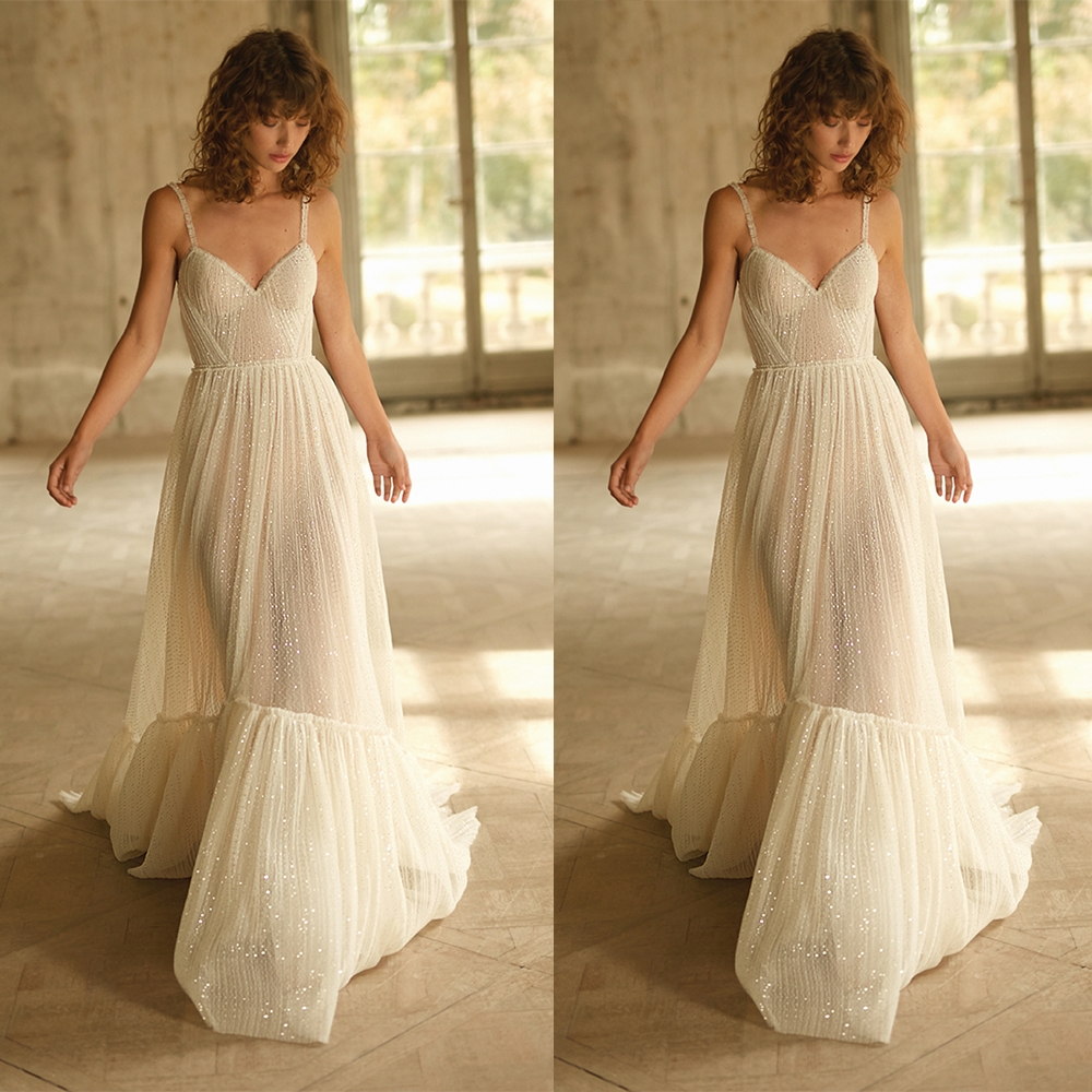Sequined Beach Wedding Dresses 2020 Spaghetti Sparkly Sleeveless A Line Illusion Bridal Dresses Boho Wedding Gowns robes de mariée