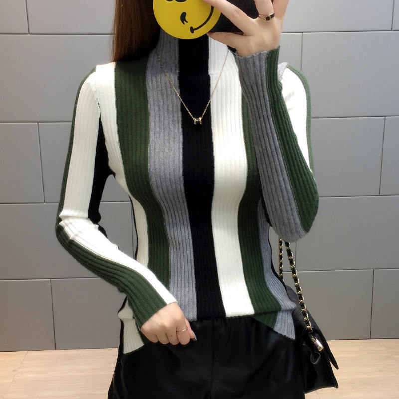 Neploe Rainbow Stripe Sweater Contrast Knitted Pullover 2019 Long Sleeve Turtleneck Knitwear Fashion Slim Women Jumper 34381 LY191225