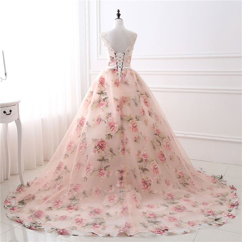 Scoop Prom Dresses Flower Print Satin Ball Gown Formal Evening Party Wear Beaded Gown QC1308