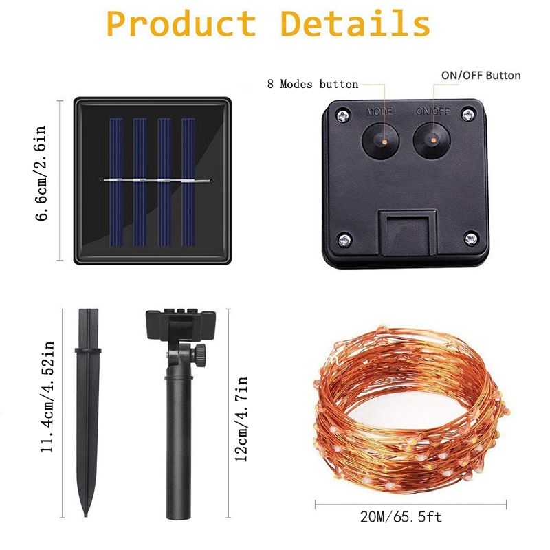 Led String Lights Solar Powered Copper Wire Fairy Lights 200 LEDs Waterproof 8 Modes Decorative Lighting for Garden Patio Christmas