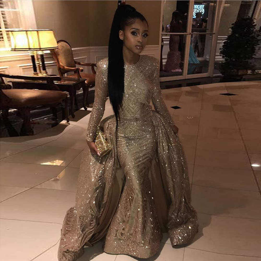 New Elegant Long Evening Dresses Mermaid Long Sleeve Sparkly Golden African Two Piece Women Prom Dress With Detachable Train, Champagne
New Elegant Long Evening Dresses Mermaid Long Sleeve Sparkly Golden African Two Piece Women Prom Dress With Detachable Train, Champagne