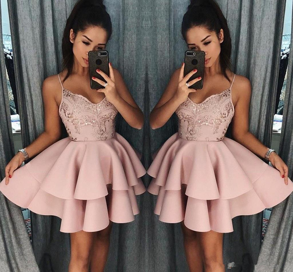 Dusty Rose Short Homecoming Dresses New Fall Spaghetti Straps A Line Layers Cocktail Dress Lace Sequins Mini Prom Gowns