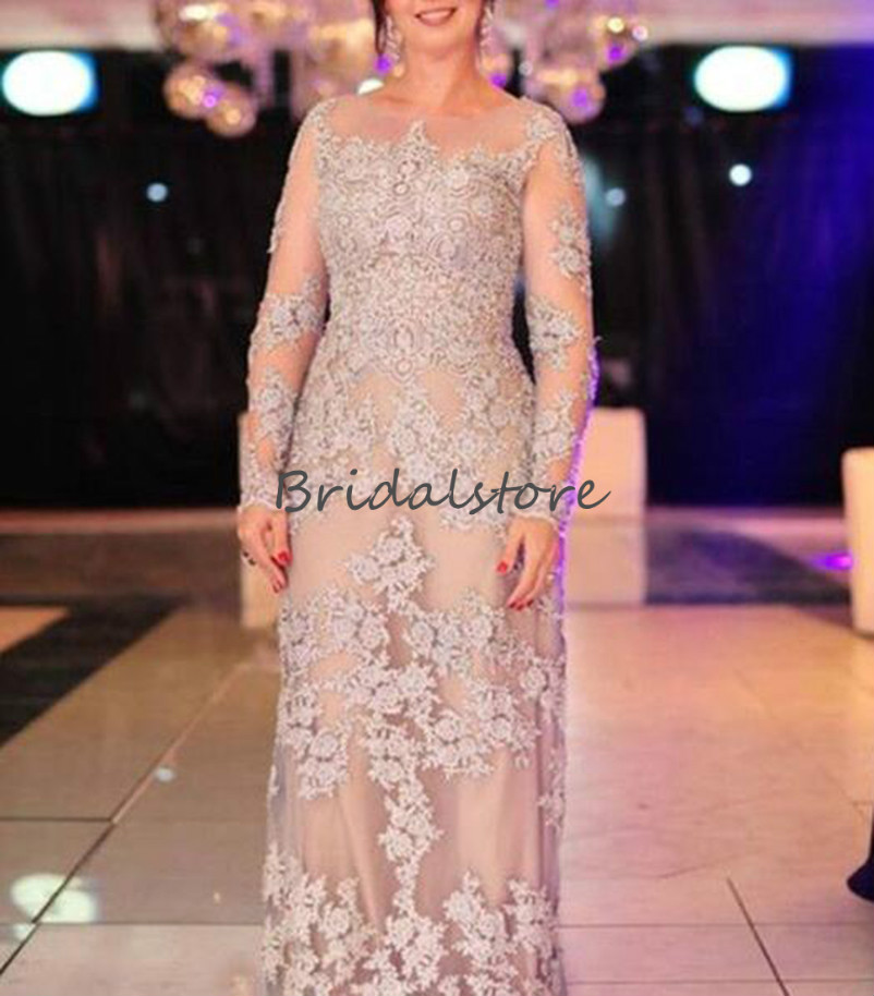 champagne plus size lace mother of bride dresses 2018 Long Illusion Jewel Neckline Groom Mom formal evening gowns elegant sheath long sleeve