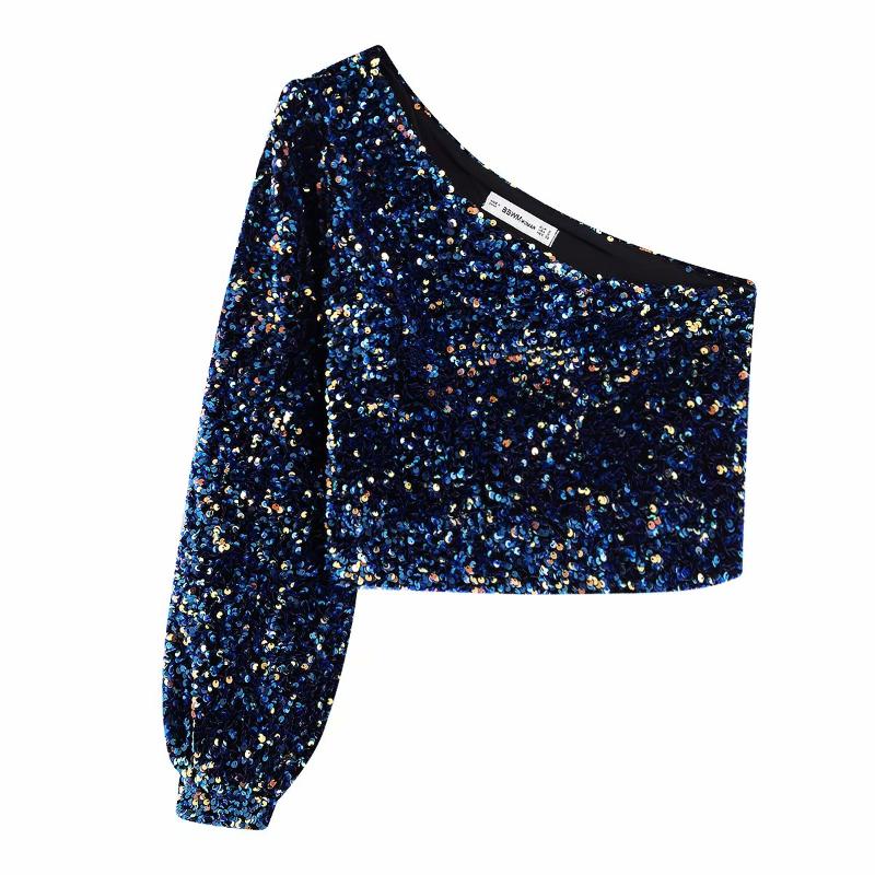 Spring Autumn New European Sequined Embroidery One-Shoulder Asymmetric Shiny Short Blouses Women Blusas Fashion Streetwear 2020, Blue
Spring Autumn New European Sequined Embroidery One-Shoulder Asymmetric Shiny Short Blouses Women Blusas Fashion Streetwear 2020, Blue
