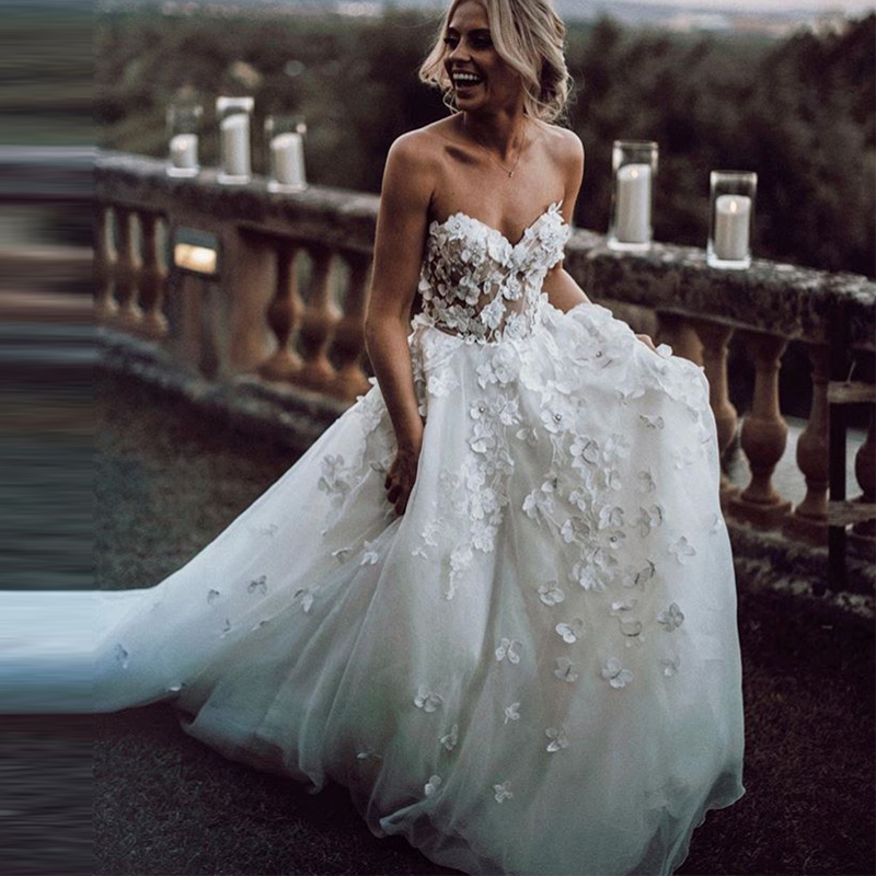 2020 Beach Wedding Dresses Lace 3D Floral Flowers Tulle A-line Sweetheart Boho Bridal Gowns Sweep Train Plus Size Bohemian Wedding Dress