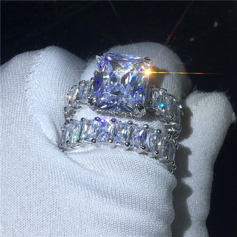 Vecalon Lovers Ring Sets 925 sterling silver Princess cut Diamond Engagement Wedding band rings for women Finger Jewelry